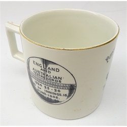  Cricket - Pudsey Corporation Commemorative transfer printed mug for 'Herbert Sutcliffe World Record Maker, 4 Centuries in 5 Test Matches' by W. Ellis Moorcroft of Bramley, H10cm  