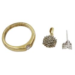 Gold single stone cubic zirconia ring, gold three stone diamond earring and a gold diamond pendant, all hallmarked 9ct