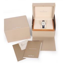 Jaeger-LeCoultre Rendez-Vous Night & Day ladies stainless steel diamond automatic wristwatch, Ref. 344.8.37.S, silvered dial with Arabic hour markers, on blue leather strap with fold-over clasp, boxed with original receipt dated 2019