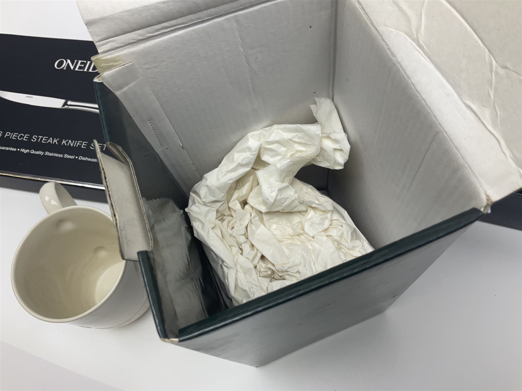 Silver plate including set of six Oneida steak knives with pistol grip handles, in original box, set of six cased cake forks, pair of goblets, etc, together with a pair of Belleek Celtic pattern mugs, 