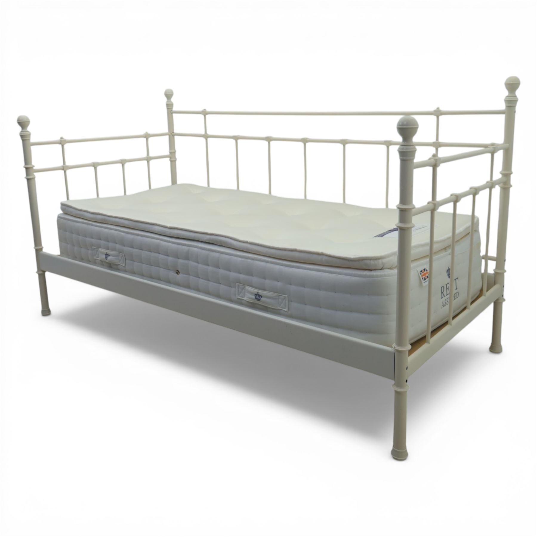 Ikea - 'Linga' white day bed and single Rest Assured mattress, with metal headboard and footboard and back rail 