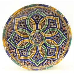  18th/ 19th century Persian polychrome shallow footed bowl, with painted mark 'W 6/00' D34cm   