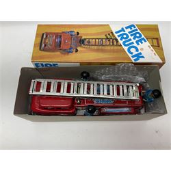 Fifteen tinplate models of vehicles to include Chinese Q.S.H. MF 804 International Express Locomotive, MS 702 Motorcycle, MS 709 Motorcycle with sidecar; ME 699 Fire Chief, MS 453 Bugatti T-35 Racer etc; Lemezáru Gyár Jaguar; two similar plastic examples from 21 Toys; boxed and loose 