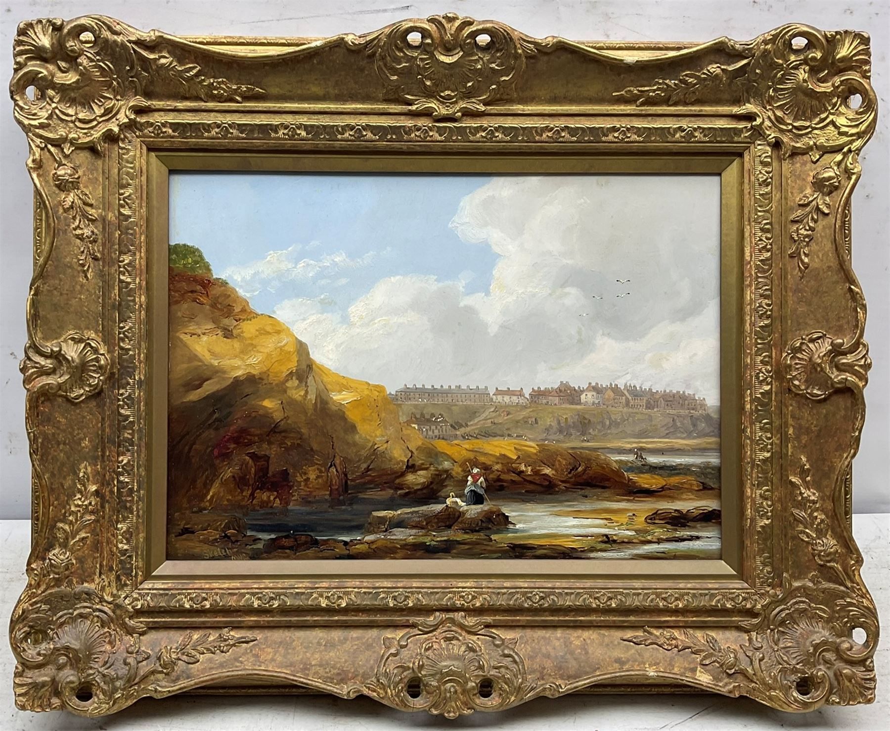 John Wilson Carmichael (British 1800-1868): On the Beach at Cullercoats, oil on board signed with initials and inscribed 'Sketch' 24cm x 34cm