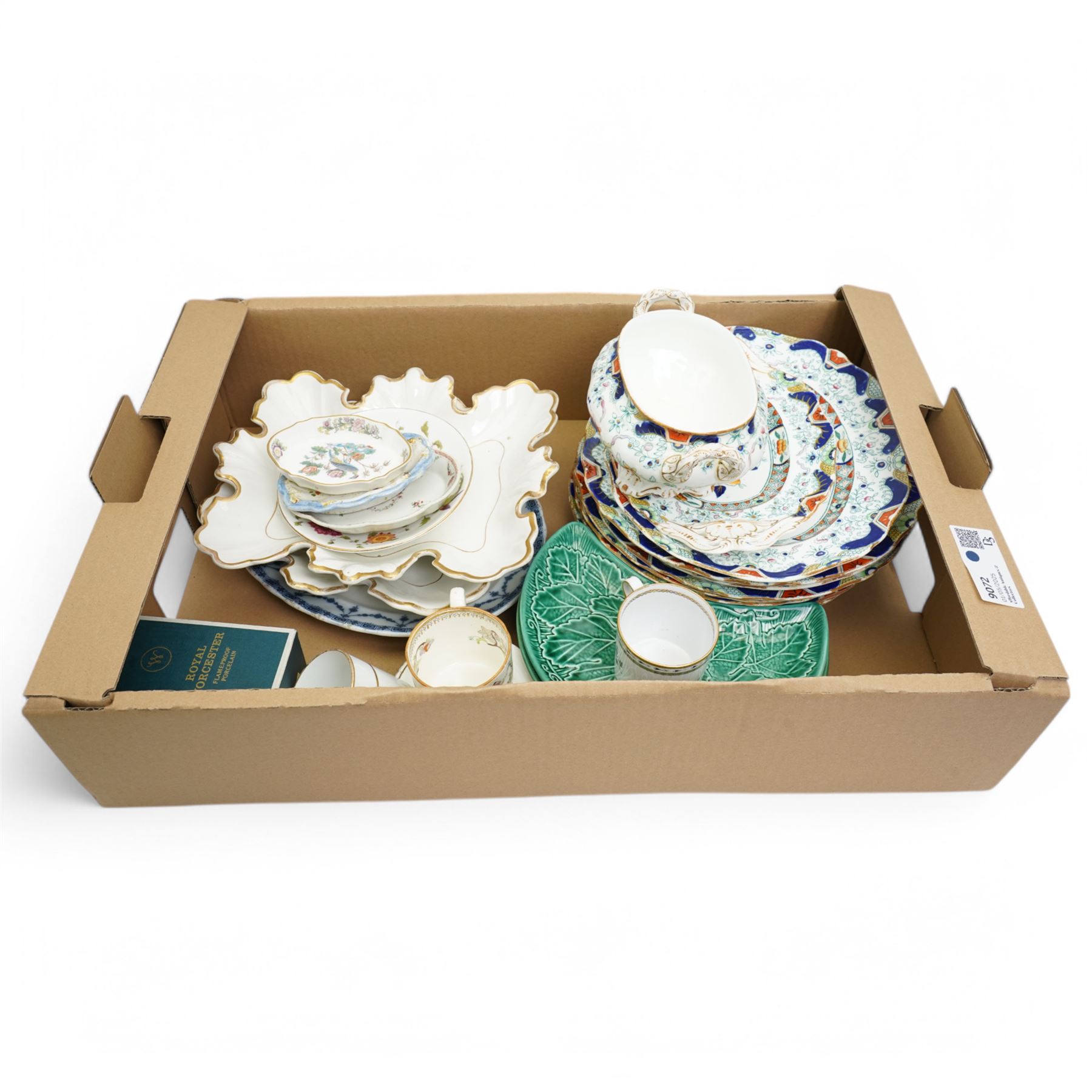 19th century Ironstone part dinner service, four Wedgwood leaf pattern plates, three 19th century coffee cans and other items