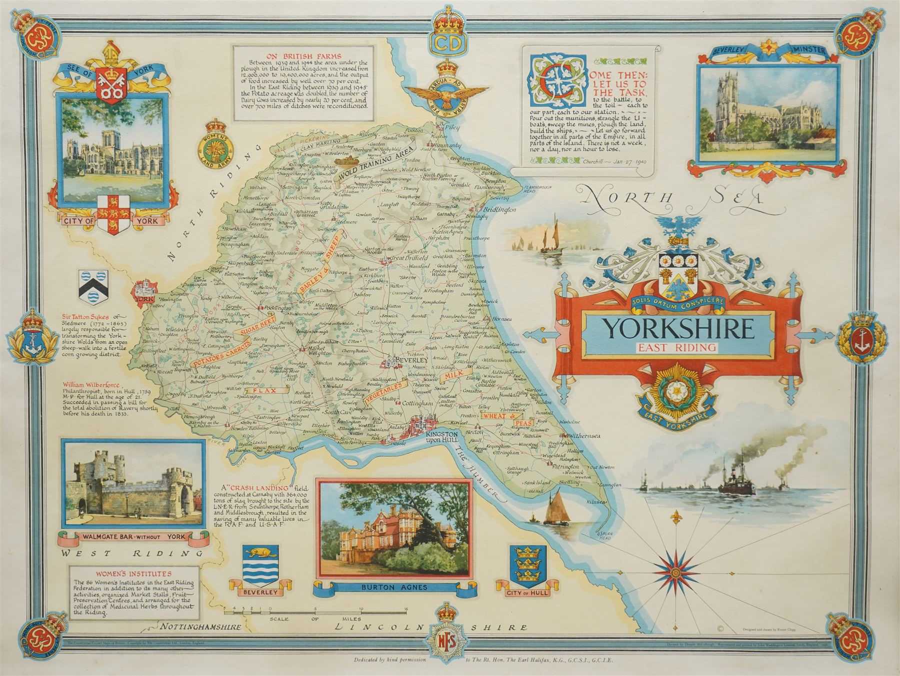 After Ernest Clegg (British 1876-1954): 'Yorkshire East Riding', colour pictorial map pub. 1946 (first dated edition) pub. John Waddington Ltd Leeds 1946, 43cm x 56cm