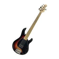 Ernie Ball Music Man Sting Ray 5 string bass guitar, in honey burst finish, serial no E26517, in black Pod case, guitar L115cm