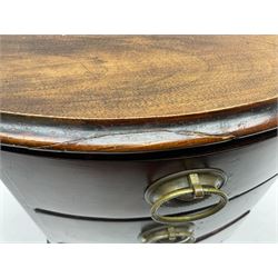Table top stained wood three drawer chest, with brass loop drop handles, H31.5cm