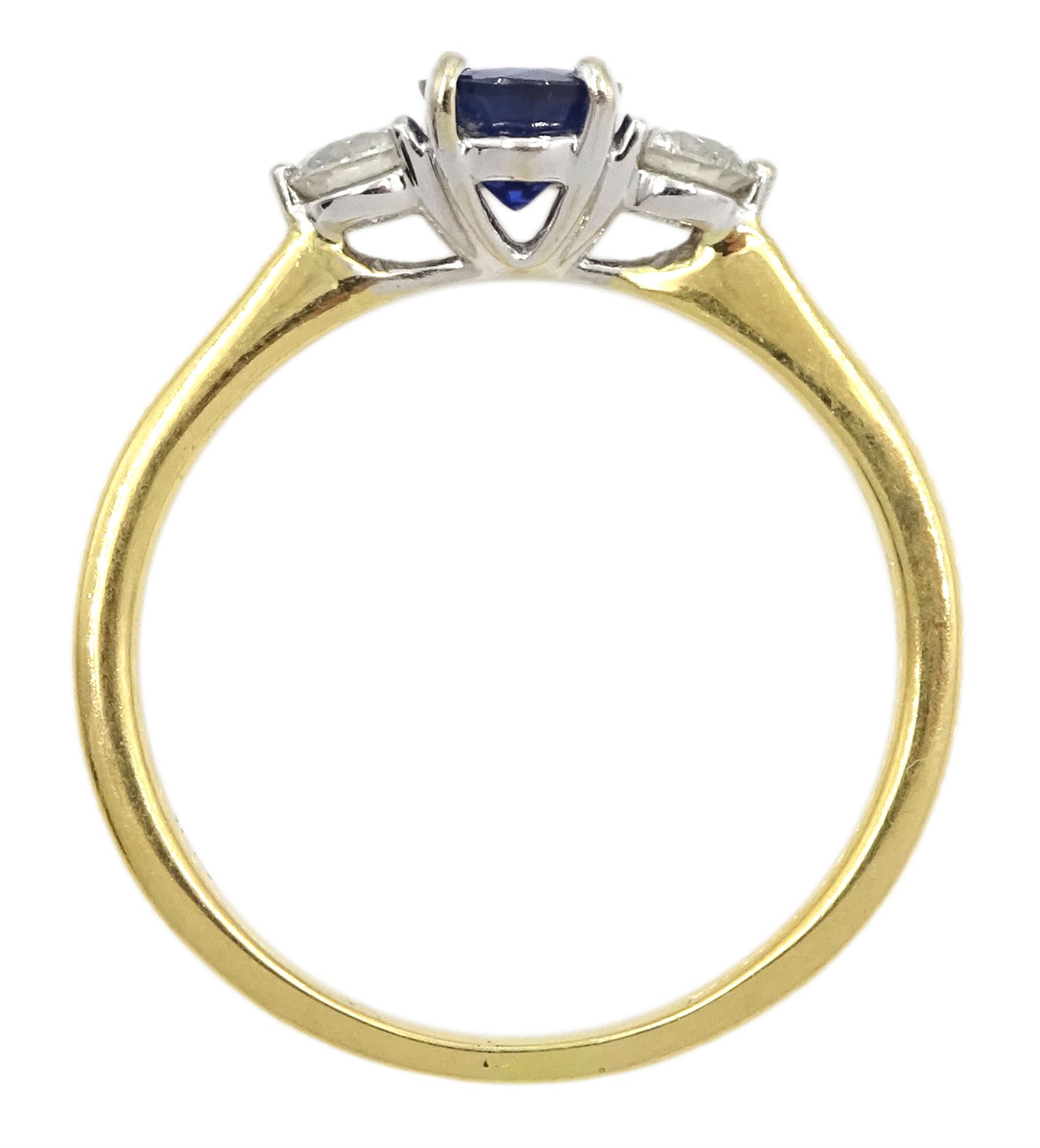 18ct gold three stone oval sapphire and round brilliant cut diamond ring, stamped 18KT, total diamond weight approx 0.30 carat, sapphire approx 0.80 carat