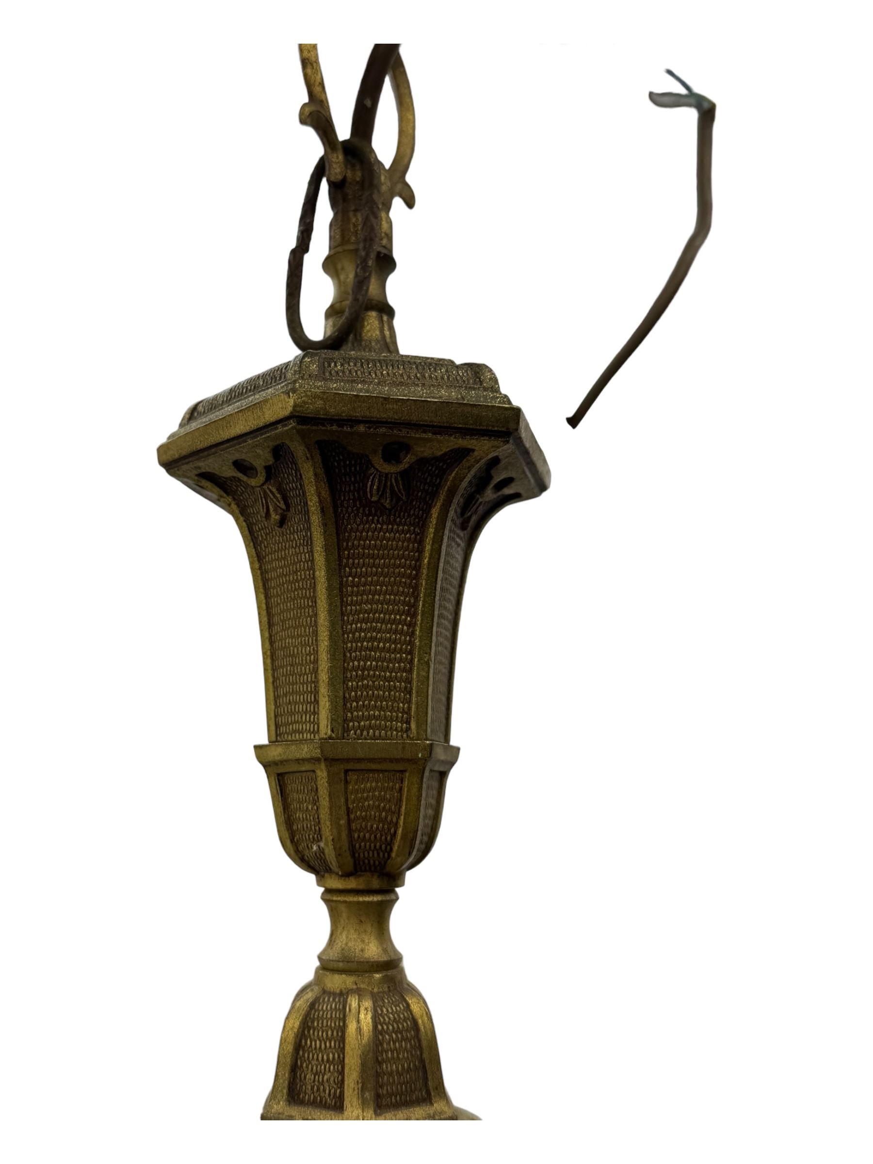 Collection of vintage and modern light fixtures, including copper pendant light, brass five-arm chandelier, hanging lantern and two small chandeliers with hanging faceted droplets (6)