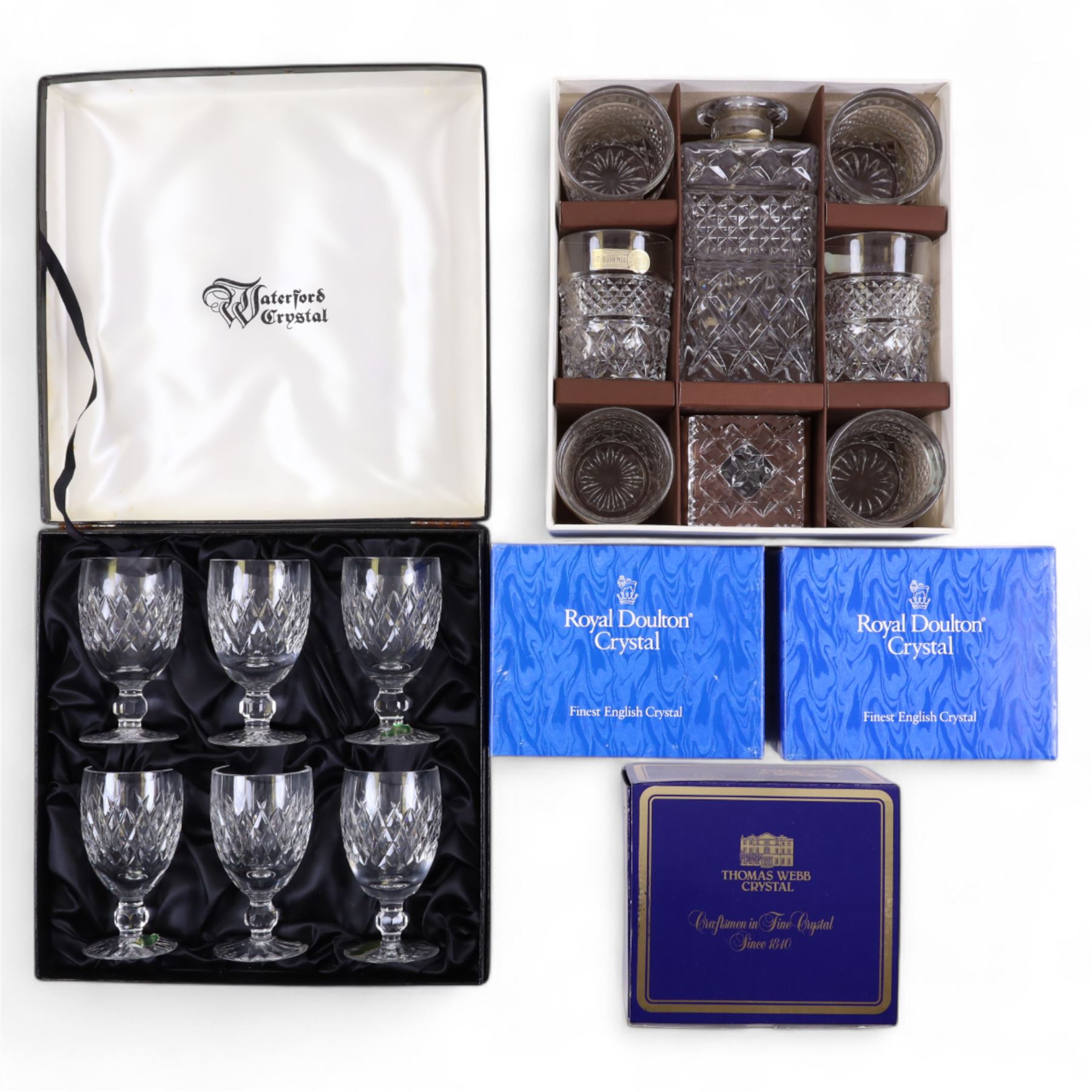 Set of six Waterford Boyne claret glasses, Bohemia lead crystal decanter and glasses set, two pairs of Royal Doulton crystal glasses and a Thomas Webb crystal bowl, all boxed