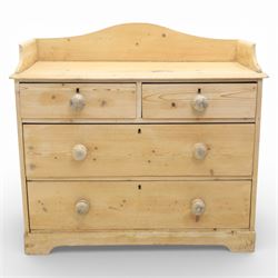 20th century pine chest of drawers, shaped galleried top, above two short over two long drawers, raised on bracket feet