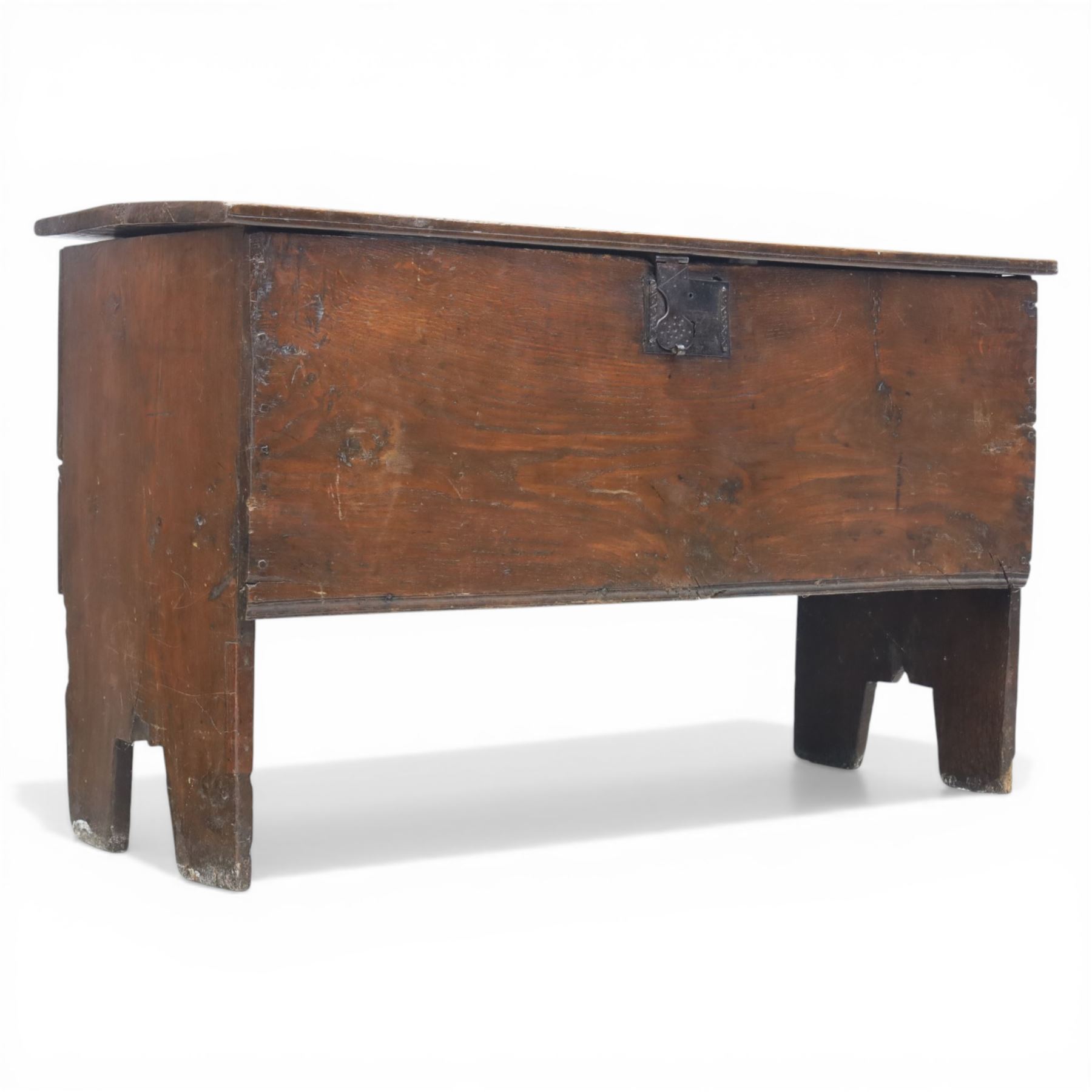 18th century oak coffer, with patinaed plank top, with iron strap hinges and latch 