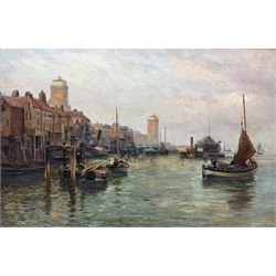 Robert Jobling (Staithes Group 1841-1923): Fishing Boats and the Wellesley at North Shields, oil on canvas signed 49cm x 75cm