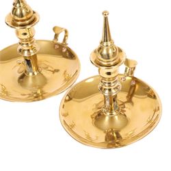 Pair of 19th century brass chamber candlesticks with detachable snuffers, together with three pairs of brass candlesticks 