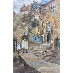 James William Booth (Staithes Group 1867-1953): Mother and Child outside a Runswick Cottage, watercolour signed and dated 1911, 41cm x 26cm 
Provenance: private collection, purchased Phillips Leeds 6th December 1995 Lot 109