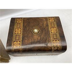 Victorian walnut box with Tunbridge ware banding and mother-of-pearl inlay, W29.5cm H14cm, together with first aid kit box and Group of early 20th century ornate gold plated (tested) and gilt brooch frames and panel fronts