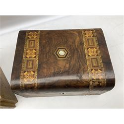 Victorian walnut box with Tunbridge ware banding and mother-of-pearl inlay, W29.5cm H14cm, together with first aid kit box and Group of early 20th century ornate gold plated (tested) and gilt brooch frames and panel fronts