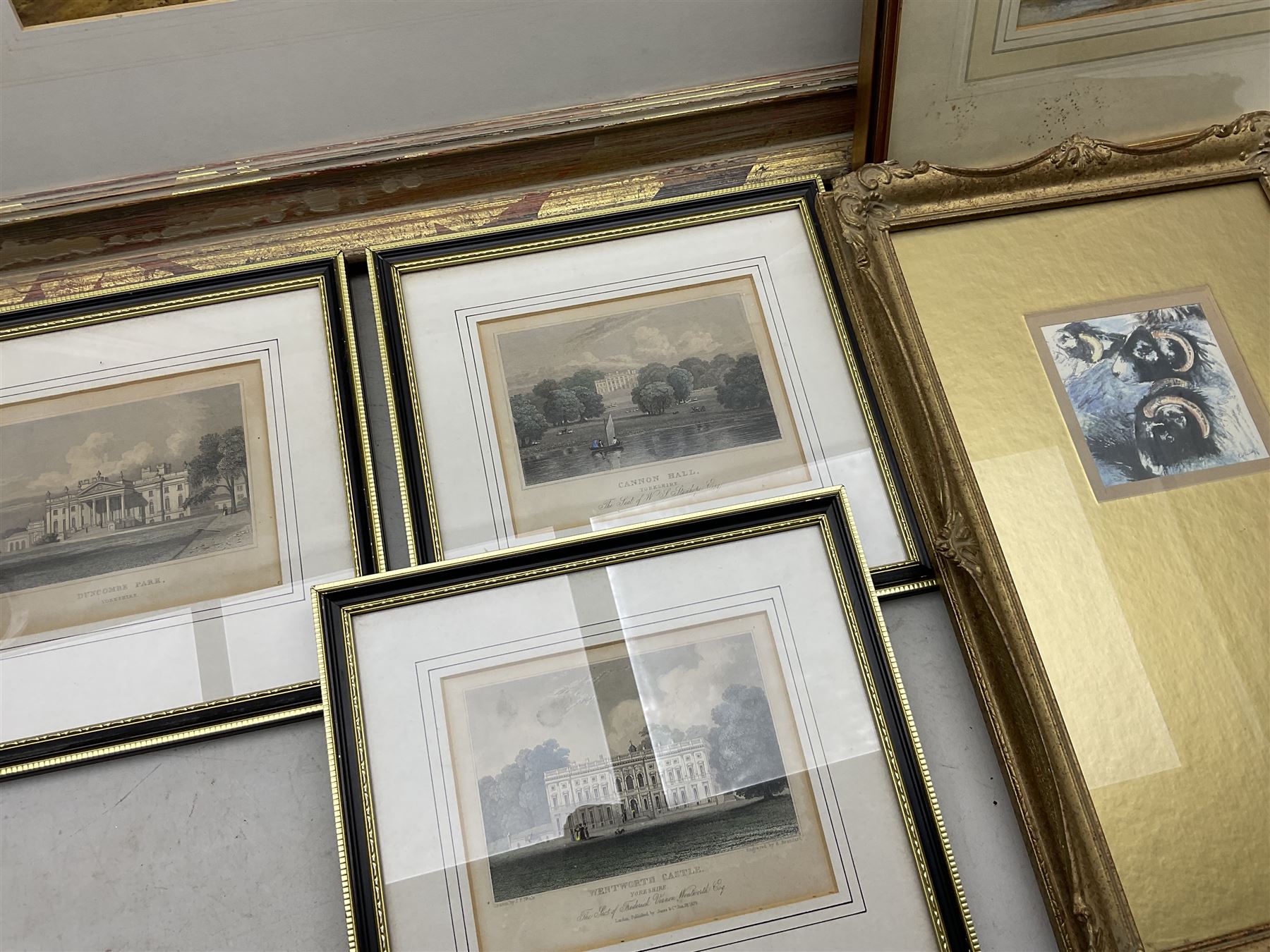 Two original watercolours, one indistinctly signed Frank *, framed print of sheep and three engravings (6)