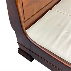 Simon Horn - 'Chatsworth' hardwood 5' 3'' Queen-size sleigh bed or lit bateau, panelled head and footboard with scrolled frames, on moulded block feet, with upholstered base