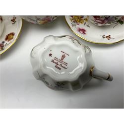 Royal Crown Derby Posies pattern tea service for six, comprising teapot, milk jug, open sucrier, cups and saucers, dessert plates and cake plate, together with matching pattern plates and bowls (28) 