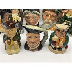 Large collection of Royal Doulton character jugs, to include Robinson Crusoe D6532, Tam O Shanter D6632, The Falconer D6533 etc, together with similar charater jugs and toby jugs   