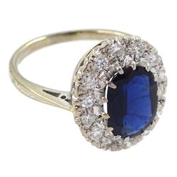 18ct white gold oval sapphire and diamond cluster ring, sapphire approx 1.80 carat