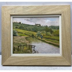 Jane Burgess (British 1948-): 'Canal from the Bridge - Kettle Lane' Maidstone, oil on canvas board signed, titled verso 19cm x 24cm