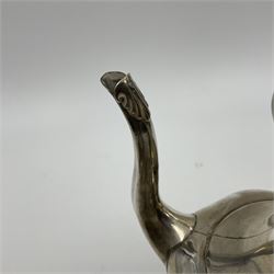 Five piece Edwardian silver tea service, comprising teapot and coffee pot, each with ebonised scroll handle, tea caddy with hinged cover, twin handled open sucrier, and milk jug, each of rounded bombe form, upon four paw feet, hallmarked William Adams Ltd, Birmingham 1904 and 1905, coffee pot H26cm
