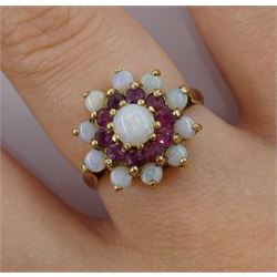 9ct gold opal and ruby cluster ring