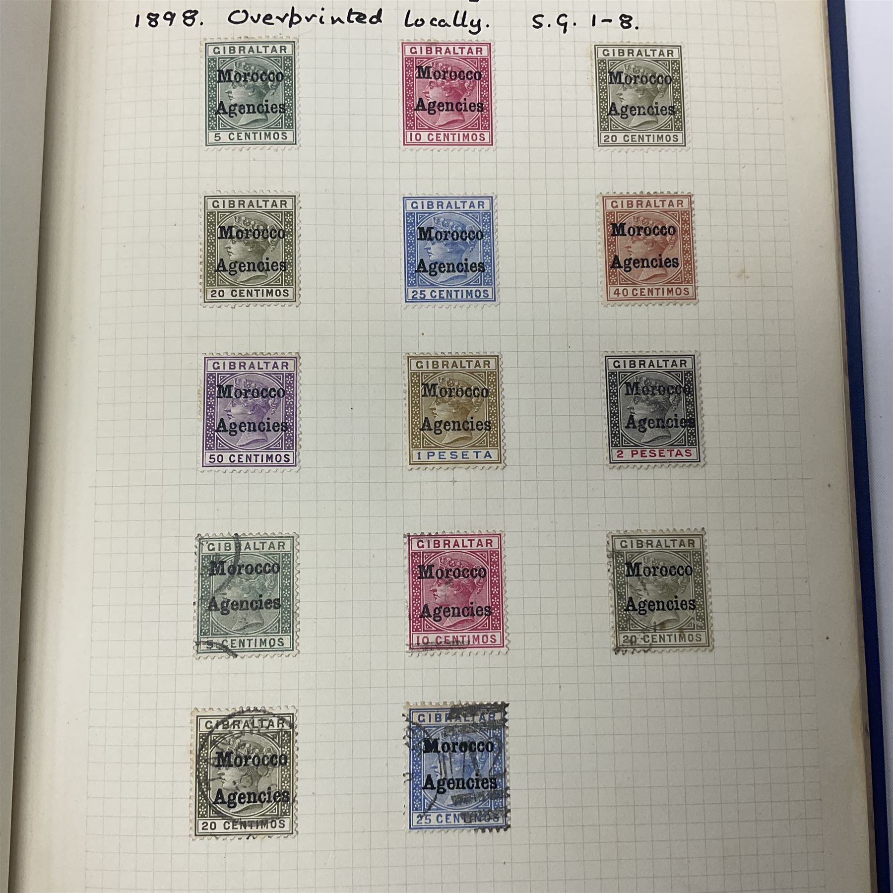 Queen Victoria and later Morocco Agencies and Tangier overprint stamps, including 1898 Morocco Agencies overprint on Gibraltar, some mint pairs, King Edward VII 1907-12 Morocco Agencies overprints with surcharge on two shillings and sixpence, five shillings and ten shillings, King George VI 1917-26 Morocco Agencies overprints on seahorses with half crown, five shillings and ten shilling values, Spanish French and International zones represented etc, housed in single blue album