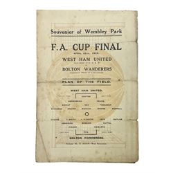Souvenier(sic) of Wembley Park for the F.A. Cup Final April 28th 1923 West Ham United v Bolton Wanderers; the first cup final to be played at Wembley; Plan of the Field with teams to upper cover; published by Keene's One-Night Cures Co. Ltd. with colour advertisement inside; folded single sheet 19 x 25cm open