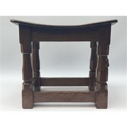 'Mouseman' 1940s adzed oak joint stool, dished figured burr seat, on shaped octagonal supports joined by stretchers, carved with mouse signature, by Robert Thompson of Kilburn 