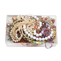 Silver jewellery, including Baltic amber cross pendant, locket, chains and ring, together with Raymond Weil wristwatch, imitation pearl necklace and a collection of costume jewellery including bead necklaces