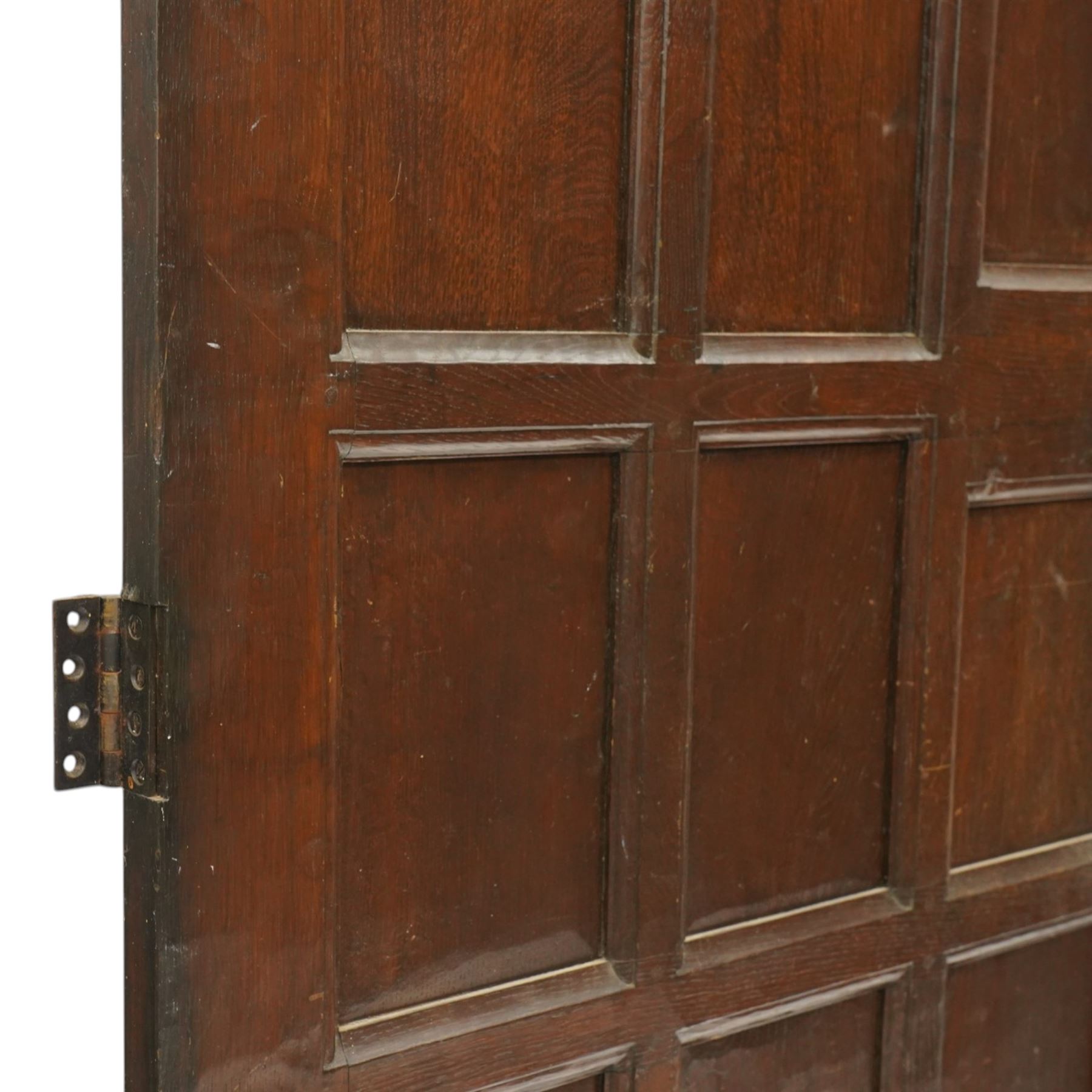 Mouseman - 1940s glazed, panelled and adzed vestibule door with castellated frame, with carved mouse signature, by Robert Thompson of Kilburn