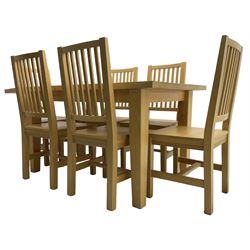  Solid beech rectangular dining table (89cm x 135cm - 160cm, H77cm); together with a set of five beech dining chairs