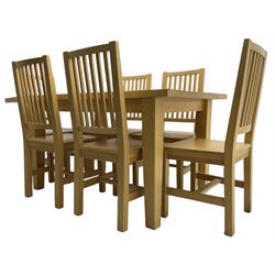 Solid beech rectangular dining table (89cm x 135cm - 160cm, H77cm); together with a set of five beech dining chairs