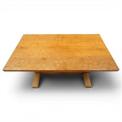 Lizardman - 5' oak refectory dining table, rectangular adzed top, octagonal turned supports united by stretcher with carved lizard signature, by Derek Slater of Crayke