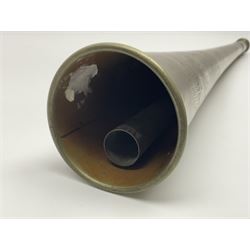 19th century telescopic hunting horn, the bell engraved 'The Beaufort', with makers mark Kohler & Son, makers, 61 Victoria Street, Westminster (from Covent garden) London, in a leather sheath, horn full extended L91cm 