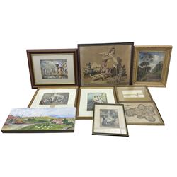 Garman Morris watercolour, two Baxter prints, Dutch watercolour, Victorian tapestry, and small quantity of further pictures (qty)