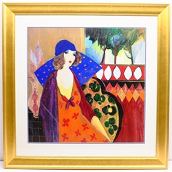 After Itzchak Tarkay (Israeli 1935-2012): 'Indigo Chapeau', colour print 63cm x 64cm