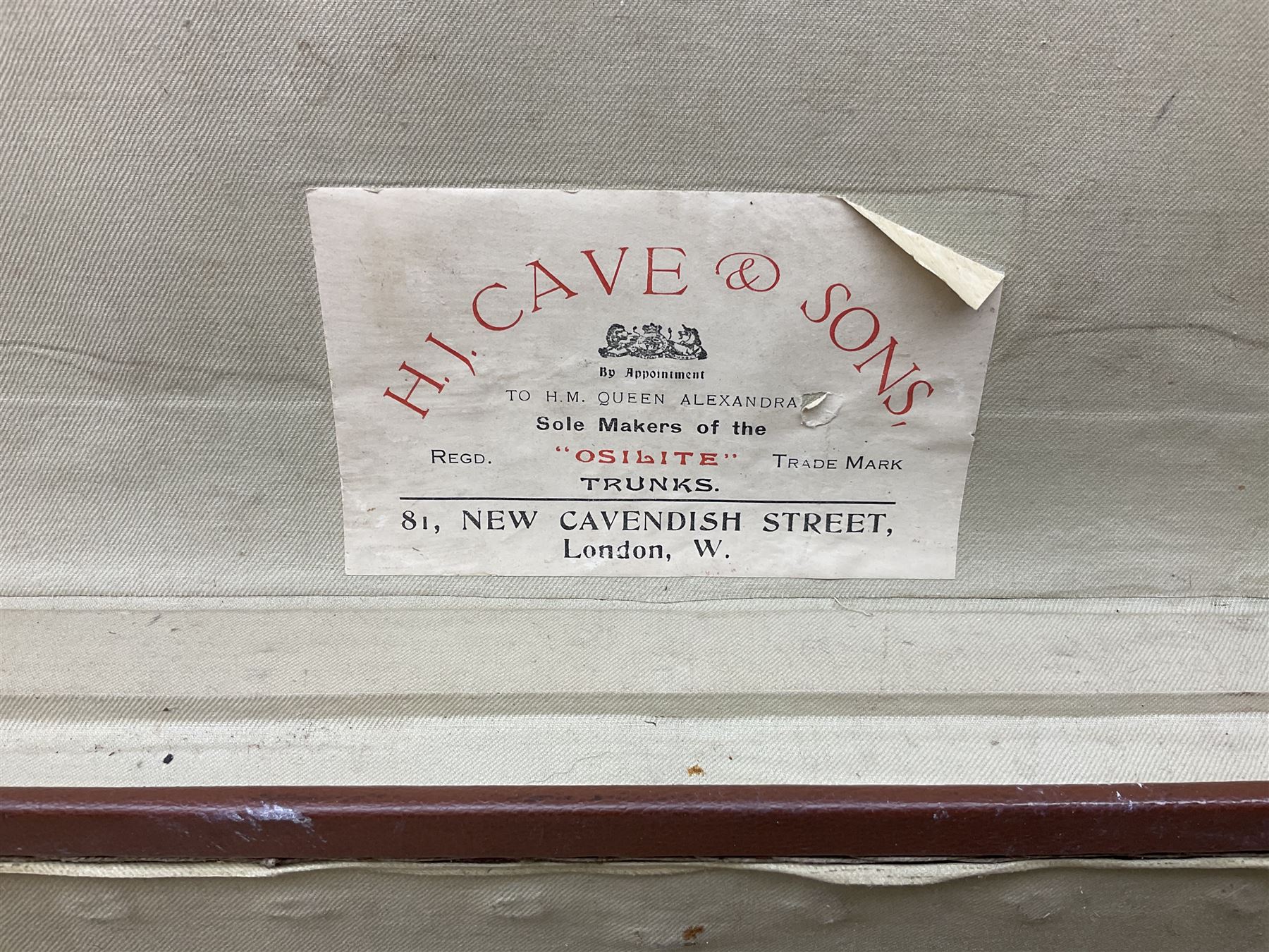 Vintage leather suitcase, by H. J. Cave and Sons of London, with two button slide locks to front, leather handles, reinforced leather corners, manufacturer's label to interiors, L64cm