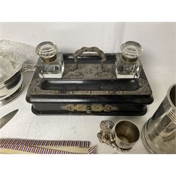 Victorian ebonised wooden desk stand, with brass mounts and two glass inkwells, together with two pewter tankards with Masonic engravings, two pewter quaiches, horn handled carving set, the fork with silver mounts and a collection of other metalware