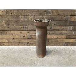 3 cauldron set pots with 2 terracotta chimney pots, 1 terracotta crock, metal bucket and small cast iron shelf 