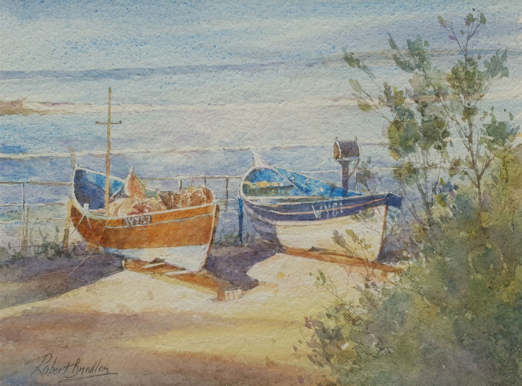 Robert Brindley (British 1949-): 'Cobles Runswick Bay', watercolour signed, titled and numbered 3083 verso 20cm x 27cm 
Provenance: exh. Royal Society of Marine Artists, The Mall Galleries 2014, label verso