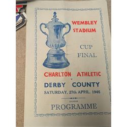 1946 FA Cup Final football programme Derby County vs Charlton Athletic with a ticket stub for the final, together with approximately 170 football programmes from 1950s-1970s, including FA Cup and International examples
