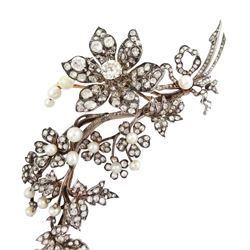 19th century gold and silver diamond and pearl en tremblant detachable brooch, the flower tremblant with a principal old cut diamond of approx 1.90 carat, the petals and stamen set with old cut and rose cut diamonds, total diamond weight approx 9.10 carat, to a foliate spray set set with further rose cut diamond and white / pink / cream pearls and ribbon tie