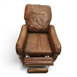 Art Deco style brown leather reclining armchair, scrolled arms with brass studded trim, reclining foot rest and back, fixed back and loose seat cushion,