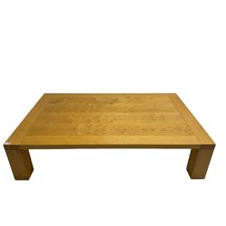 Large pippy oak rectangular coffee table, square block leg, retailed by Chapmans of Newcastle