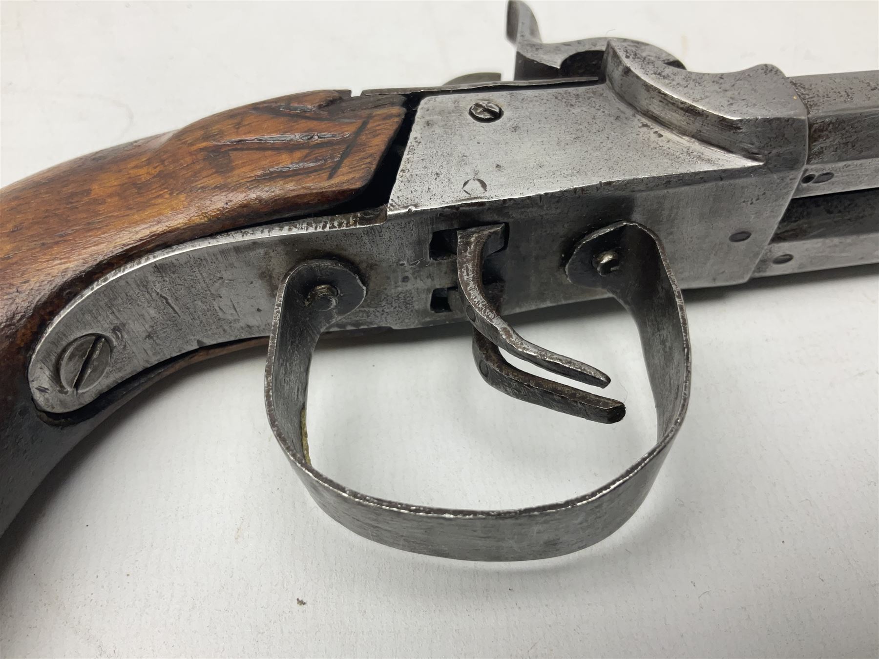 19th century Belgian double barrel side by side percussion pistol, approximately 40 calibre, with 8cm octagonal barrels, and wooden stock L22cm